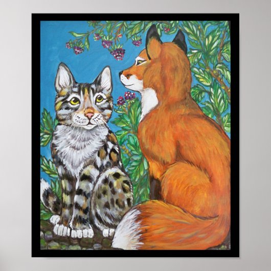 Red Fox Kit und Cat Poster, Original Animal Art Poster (Vorne)