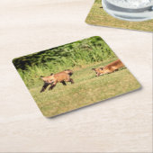 Red Fox Kits Playing Rechteckiger Pappuntersetzer (angewinkelt)