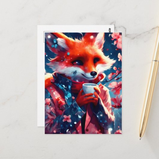 Red Fox mit einem Kaffeekirschenfrühling Postkarte (Vorderseite/Rückseite Beispiel)