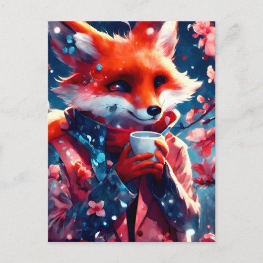 Red Fox mit einem Kaffeekirschenfrühling Postkarte (Vorderseite)