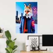 Red Fox mit Uniform und Feuerwerk | Art der AI Poster (Heimbüro)