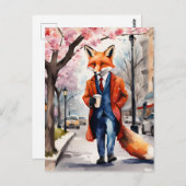 Red Fox Morning Coffee Walk in der Frühlingsstadt Postkarte (Vorne/Hinten)