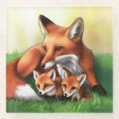Red Fox Mutter und Kits im Gras Glasuntersetzer (Vorderseite)