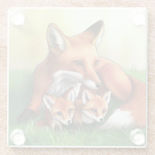 Red Fox Mutter und Kits im Gras Glasuntersetzer (Rückseite)