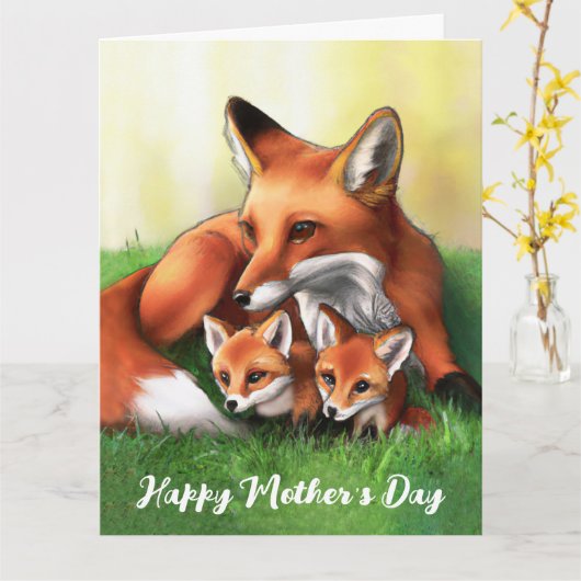 Red Fox Mutter und Kits im Gras Karte (Gelbe Blume)