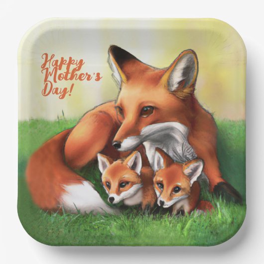 Red Fox Mutter und Kits im Gras Pappteller (Vorderseite)