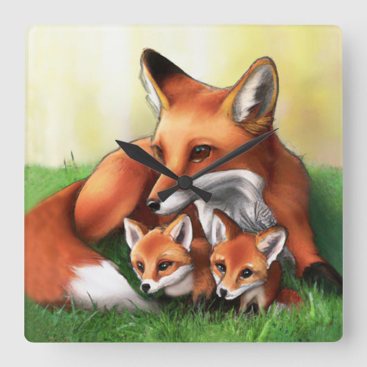 Red Fox Mutter und Kits im Gras Quadratische Wanduhr (Vorderseite)