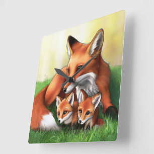 Red Fox Mutter und Kits im Gras Quadratische Wanduhr