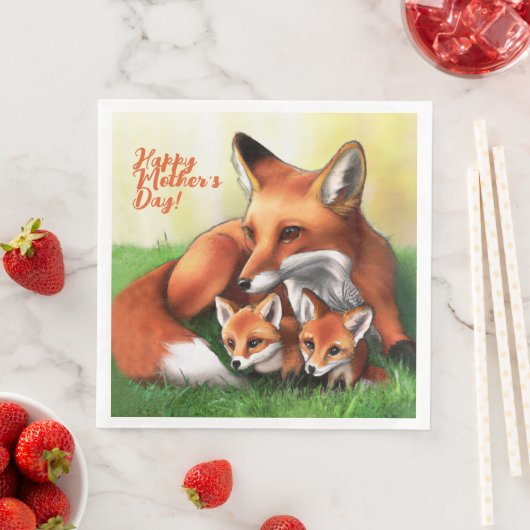 Red Fox Mutter und Kits im Gras Serviette (Beispiel)
