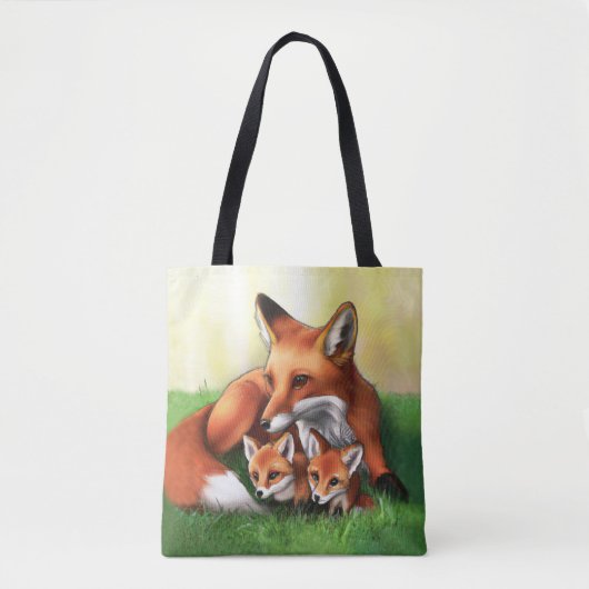 Red Fox Mutter und Kits im Gras Tasche (Vorderseite)
