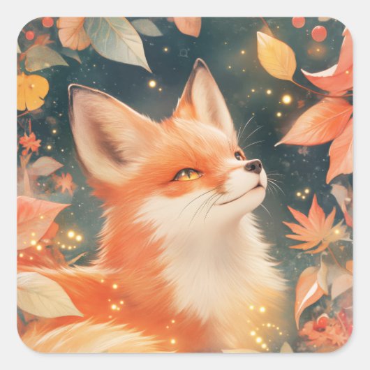 Red Fox Peeking Through Glowing Autumn Leaves Quadratischer Aufkleber (Vorderseite)