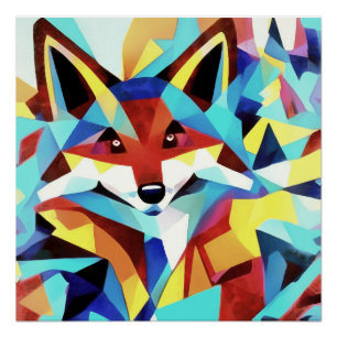 Red Fox Running Through Water Geometric Art Style Poster