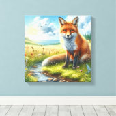 Red Fox Sitting by Stream Stretched Canvas Print Leinwanddruck (Insitu (Holzboden))