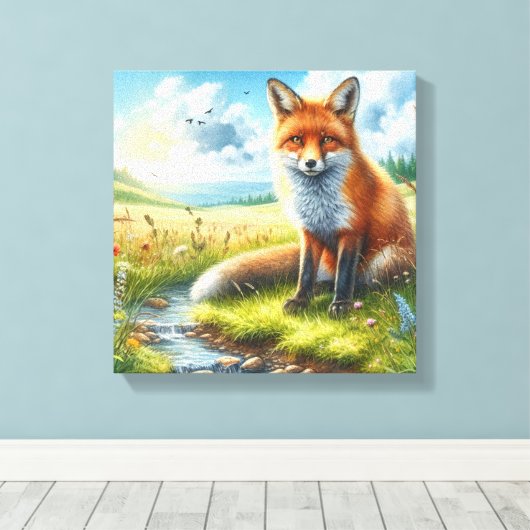 Red Fox Sitting by Stream Stretched Canvas Print Leinwanddruck (Insitu (Holzboden))