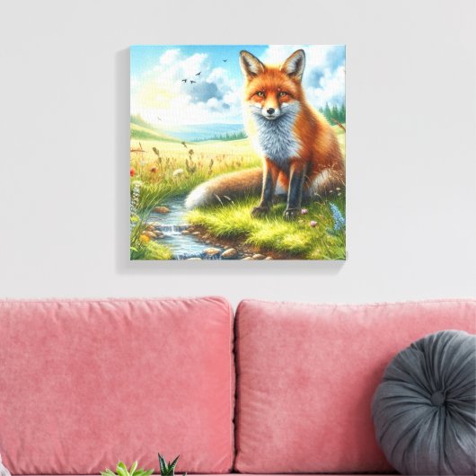 Red Fox Sitting by Stream Stretched Canvas Print Leinwanddruck (Insitu (Wohnzimmer))