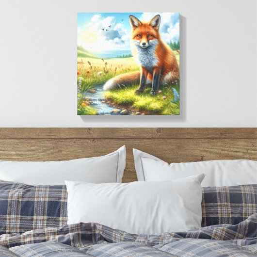 Red Fox Sitting by Stream Stretched Canvas Print Leinwanddruck (Insitu (Schlafzimmer))