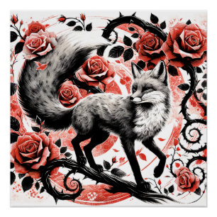 Red Fox und Rose mit Thornes Linocut Poster
