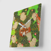 RED FOX UNTER DEN GRÜNEN BLÄTTER UND FOLIAGE QUADRATISCHE WANDUHR (Winkel)