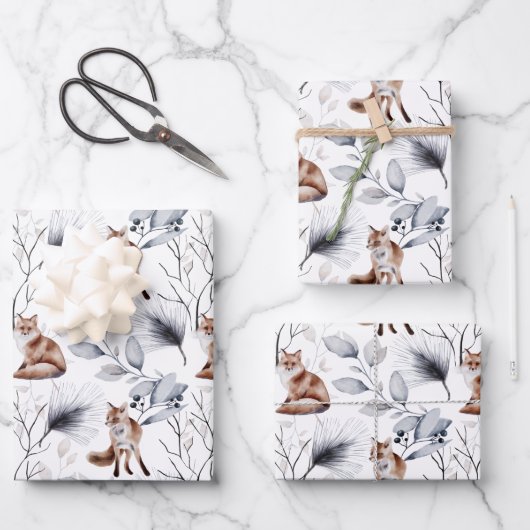 Red Fox Watercolor Forest Botanische Weihnachtszei Geschenkpapier Set (Vorderseite)