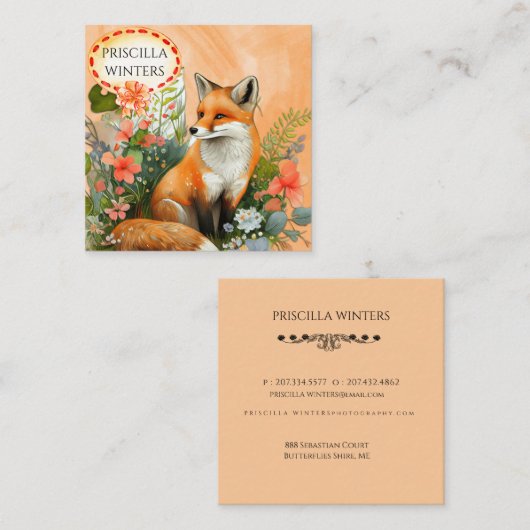 Red Fox Watercolor Peach Blume Quadratische Visitenkarte (Vorne/Hinten)