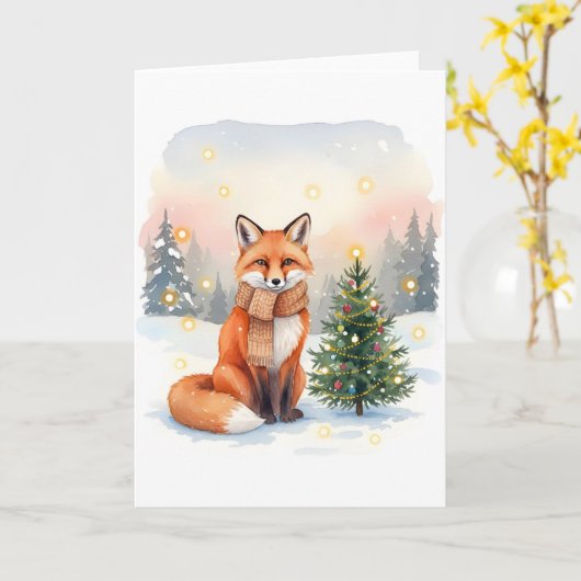 Red Fox with Brown Scarf and Christmas Tree Karte (Gelbe Blume)