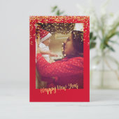 Red Frame Gold "new year" Foto Weihnachtskarte (Stehend Vorderseite)