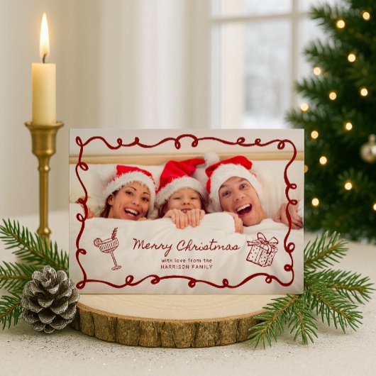  Red frame, Striped Family Photo Christmas Einladung