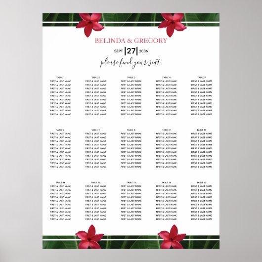 Red Frangipani Plumeria Wedding Chart Poster (Vorne)