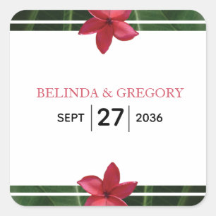Red Frangipani Plumeria Wedding Quadratischer Aufkleber