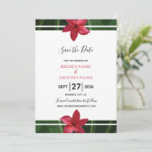 Red Frangipani Plumeria Wedding Save the Date (Stehend Vorderseite)