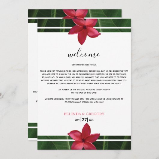 Red Frangipani Plumeria Wedding Welcome Itinerary Programm (Vorne/Hinten)