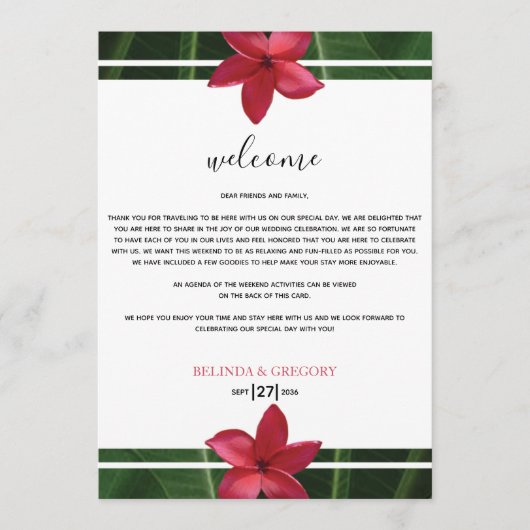 Red Frangipani Plumeria Wedding Welcome Itinerary Programm (Vorderseite)