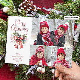 Red FroChristmas 3 Fotos Script Holly Bow Feiertagskarte