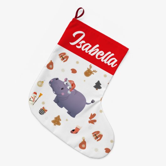 Red FroChristmas Hippo Zoo Weihnachtsmannmütze Xma Großer Weihnachtsstrumpf (Vorderansicht (hängend))