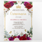 Red Fuchsia Rose Gold Schmetterlinge Quinceañera Dreifach Gefaltete Einladung (Innen Erste Seite)