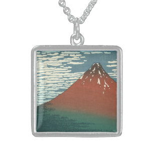 Red Fuji "Fujiyama" Volcano in Japanese Woodcut Sterling Silberkette