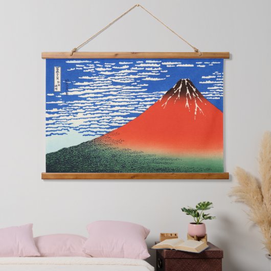 Red Fuji Hokusai Ukiyo-e japanische Kunst Wandteppich Mit Holzrahmen (Schlafzimmer)