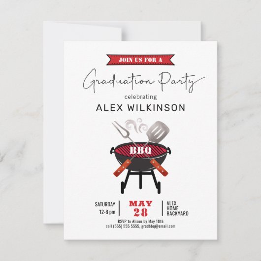 Red Fun Script 3 Foto Einfaches Abschluss GRILLEN Einladung (Vorderseite)