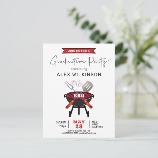 Red Fun Script Einfache Abschluss GRILLEN Einladun Postkarte (Stehend Vorderseite)