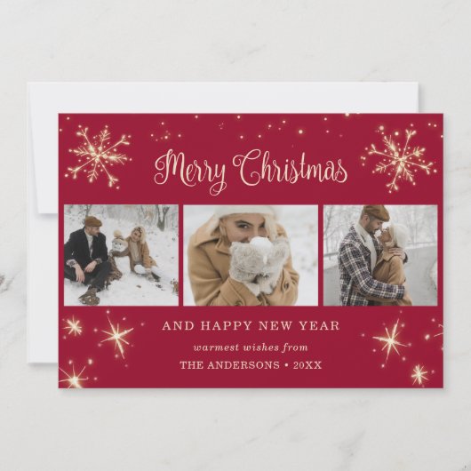 Red Funkelnd Snowflake Foto Weihnachtskarten Feiertagskarte (Vorderseite)