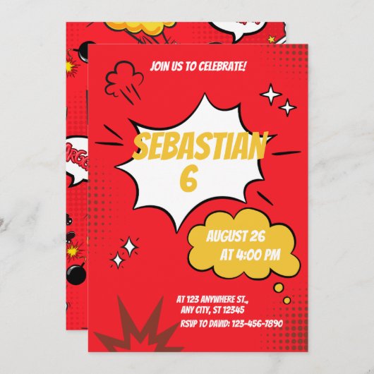 Red Funny Comic Book Style Einladung (Vorne/Hinten)