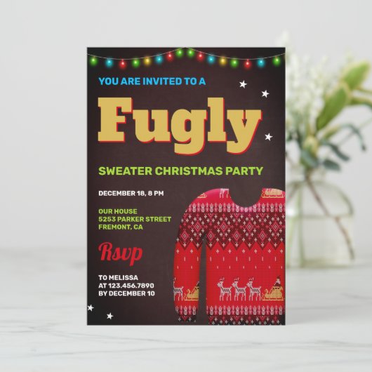 Red Funny Fugly Ugly Sweater Weihnachts-Party Einladung (Stehend Vorderseite)