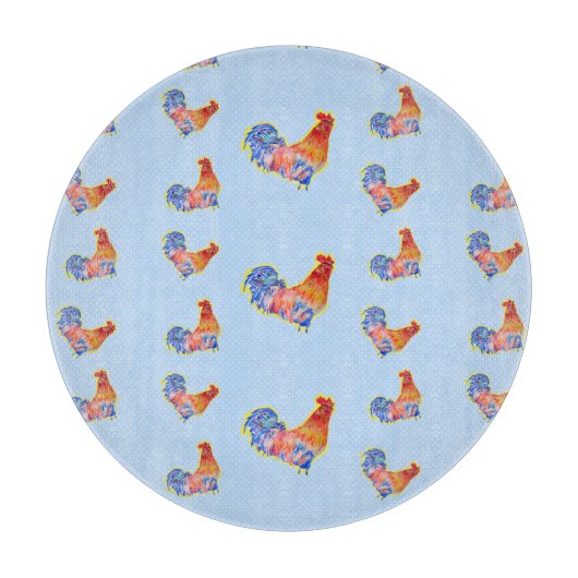 Red Funny Rooster Cockerel Blau und weiße Spots Cu Schneidebrett (Vorderseite)
