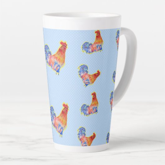 Red Funny Rooster Cockerel Blue and White Spots Co Milchtasse (Rechte Ecke)