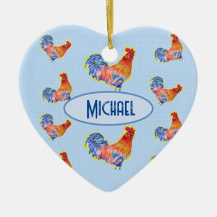 Red Funny Rooster Cockerel Blue und White Spots C Keramik Ornament