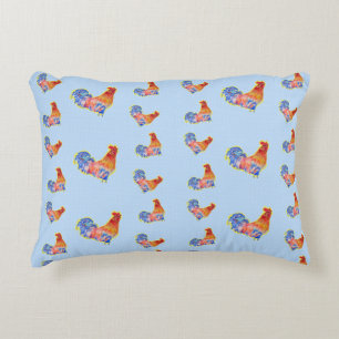 Red Funny Rooster Cockerel Blue und White Spots Fl Dekokissen