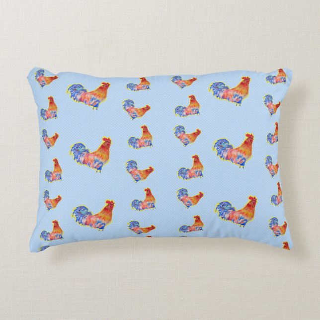 Red Funny Rooster Cockerel Blue und White Spots Fl Dekokissen (Vorderseite)