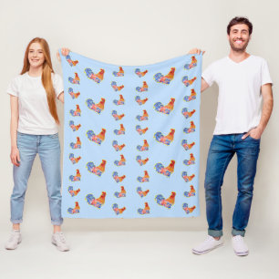 Red Funny Rooster Cockerel Blue und White Spots Fleecedecke