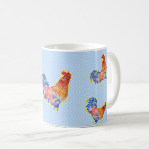 Red Funny Rooster Cockerel Blue und White Spots Kaffeetasse