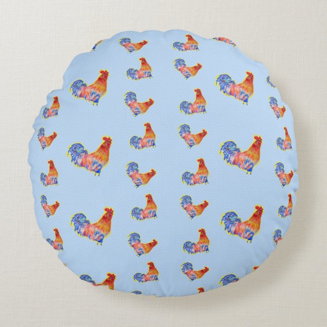 Red Funny Rooster Cockerel Blue und White Spots Rundes Kissen (Vorderseite)